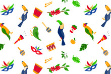 Seamless Pattern With Parrots, Toucans, Mask