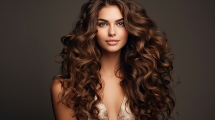  Brunette woman with long, lustrous wavy hair  Lovely model with curly hairstyle.