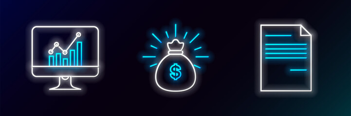 Sticker - Set line Document, Computer monitor with graph chart and Money bag icon. Glowing neon. Vector