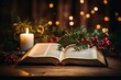A Warm and Inviting Scene of an Open Bible Displaying the Christmas Story Amidst Holiday Decor