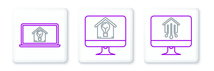 Poster - Set line Computer monitor with smart home, Laptop house and light bulb and icon. Vector