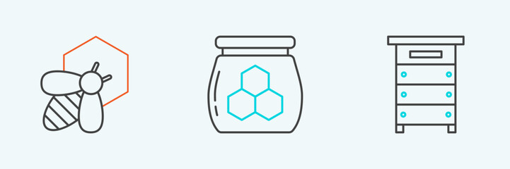 Poster - Set line Hive for bees, Bee and honeycomb and Jar of icon. Vector