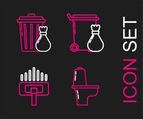 Poster - Set line Toilet bowl, Vacuum cleaner, Trash can and and garbage bag icon. Vector