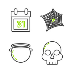 Wall Mural - Set line Skull, Halloween witch cauldron, Spider web and Calendar with date 31 october icon. Vector