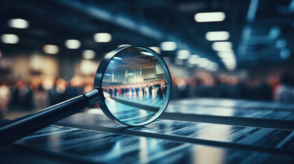 Magnifying glass over crowd of people in the airport.