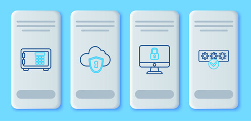 Aufkleber - Set line Cloud and shield, Lock on computer monitor screen, Safe and Password protection safety access icon. Vector