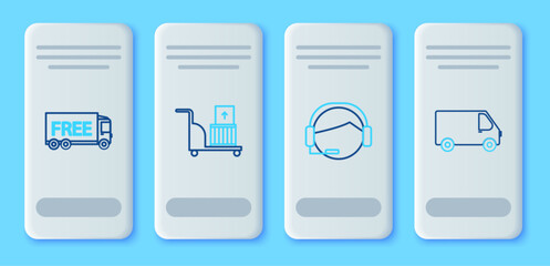 Poster - Set line Electric hand truck and boxes, Support operator in touch, Free delivery service and Delivery cargo vehicle icon. Vector