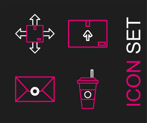 Poster - Set line Coffee cup, Envelope, Cardboard box with traffic symbol and icon. Vector