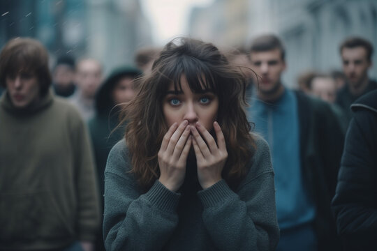 a scared girl on a road with many people. social anxiety disorder. social phobia. a person with fear