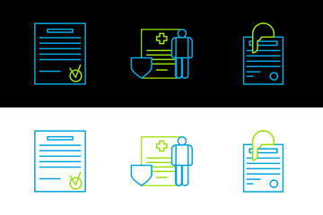 Poster - Set line File document and paper clip, Confirmed check mark and Medical clipboard with clinical record icon. Vector