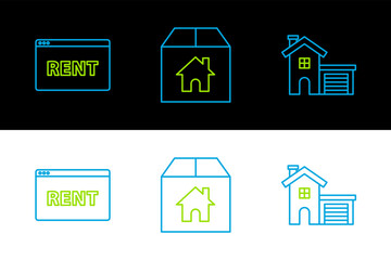 Poster - Set line House, Hanging sign with text Online Rent and Cardboard box house icon. Vector