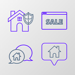 Poster - set line map pointer with house, house building speech bubble, hanging sign text online sale and shi