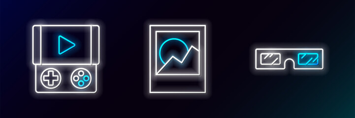 Poster - Set line 3D cinema glasses, Portable video game console and Photo frames icon. Glowing neon. Vector