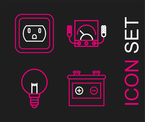 Poster - Set line Car battery, Light bulb, Ampere meter, multimeter, voltmeter and Electrical outlet in the USA icon. Vector