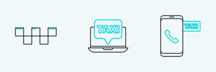 Poster - Set line Taxi call telephone service, car roof and Laptop taxi icon. Vector