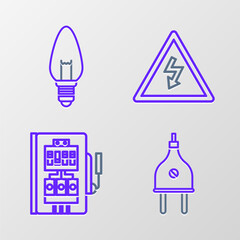 Poster - set line electric plug, electrical panel, high voltage sign and light bulb icon. vector