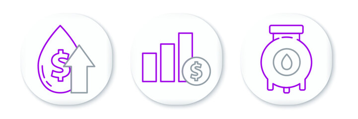 Sticker - Set line Oil and gas industrial factory building, price increase and Pie chart infographic dollar icon. Vector