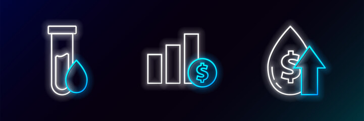 Fototapete - Set line Oil price increase, petrol test tube and Pie chart infographic and dollar icon. Glowing neon. Vector