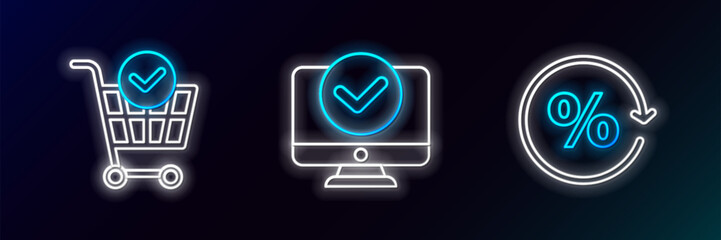 Poster - set line discount percent tag, shopping cart with check mark and computer monitor icon. glowing neon