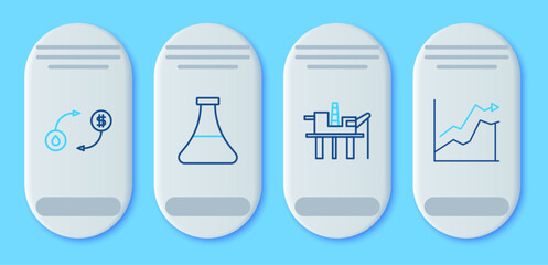 Sticker - Set line Oil petrol test tube, platform in the sea, exchange and price increase icon. Vector