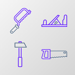 Sticker - Set line Hand saw, Hammer, Wood plane tool and Hacksaw icon. Vector