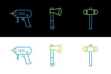 Canvas Print - Set line Sledgehammer, Electric drill machine and Wooden axe icon. Vector