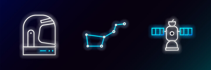 Poster - Set line Satellite, Astronaut helmet and Great Bear constellation icon. Glowing neon. Vector
