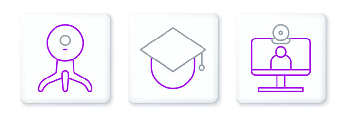 Poster - Set line Video chat conference, Web camera and Graduation cap globe icon. Vector