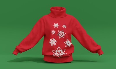 Wall Mural - Knitted red Christmas sweater with white snowflake on green background. 3d rendering