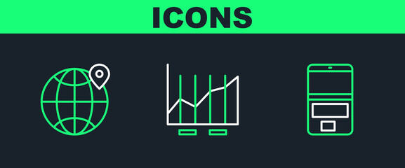 Poster - set line laptop, location on the globe and pie chart infographic icon. vector