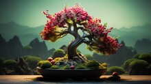 A Bonsai Tree With Red Berries On A Table