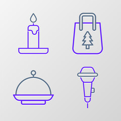 Canvas Print - Set line Microphone, Christmas covered with tray, shopping bag and Burning candle icon. Vector