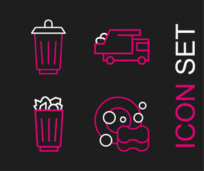 Sticker - Set line Washing dishes, Full trash can, Garbage truck and Trash icon. Vector