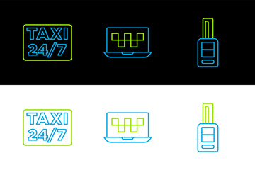 Poster - Set line Car key with remote, Location taxi and Laptop call service icon. Vector