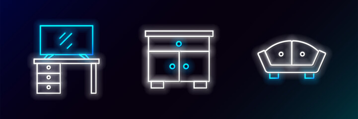 Poster - Set line Sofa, TV table stand and Furniture nightstand icon. Glowing neon. Vector