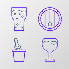 Canvas Print - Set line Wine glass, Champagne an ice bucket, Wooden barrel and Glass of beer icon. Vector