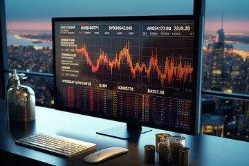 Poster - Computer Monitor with Trading Charts: Candlestick Graph of Stock Market Investment. Improved Business Information Reflected in Financial Graph, Data Analytics on Desktop Screen