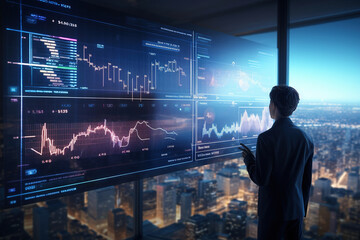 Poster - Stock Trader Analyzing Market Graph on Screen: Investment Strategy and Financial Risks in Stock, Crypto, and Forex. Financial Market Research.