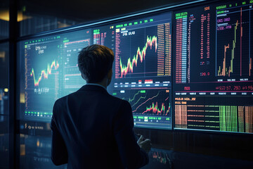 Poster - Stock Trader Analyzing Market Graph on Screen: Investment Strategy and Financial Risks in Stock, Crypto, and Forex. Financial Market Research.