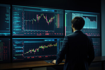 Poster - Stock Trader Analyzing Market Graph on Screen: Investment Strategy and Financial Risks in Stock, Crypto, and Forex. Financial Market Research.