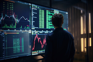 Poster - Stock Trader Analyzing Market Graph on Screen: Investment Strategy and Financial Risks in Stock, Crypto, and Forex. Financial Market Research.