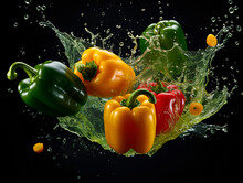 Red And Yellow Peppers With Water Splash