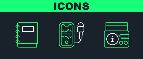 Poster - Set line News on radio channel, Notebook and Mobile recording icon. Vector