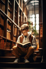 Boy reading book in library