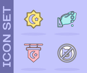 Poster - Set No pig, Octagonal star, Star and crescent and Hands in praying position icon. Vector