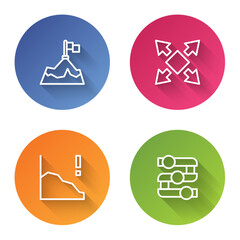 Poster - Set line Mountains with flag, Many ways directional arrow, Financial growth decrease and Graph, chart, diagram. Color circle button. Vector