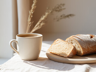 Photo white mug mock up blank template for your design advertising logo, white coffee cup with the bread on the white table,  With Generative AI technology