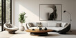 Modern minimalist living room with black and white furniture, round table, sculptural style, light brown and white