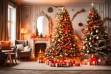 Fototapeta  - Stylish interior of living room with fireplace decorated Christmas tree. Christmas decoration.