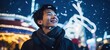 Asian man closeup portrait smiling at Christmas festival at night time with bokeh light, winter fun fair happiness time, Generative Ai